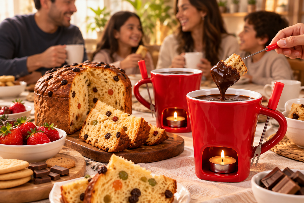 Taza fondue Velicioso con panetón en familia